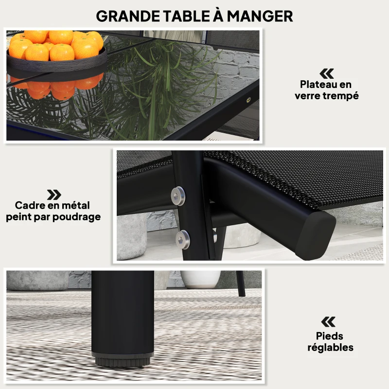 Outsunny Ensemble de jardin 6 pers. 6 chaises empilables table plateau verre trempé 5 mm métal époxy textilène noir