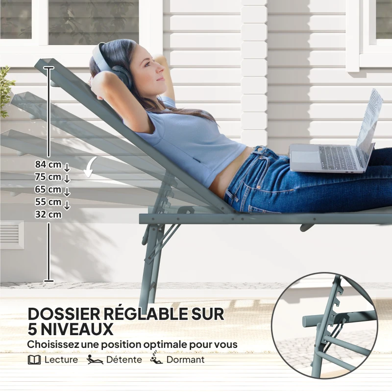 Outsunny Lot de 2 bain de soleil chaise longue pliante textilène transat jardin extérieur inclinable 54 x 164 x 84 cm gris clair