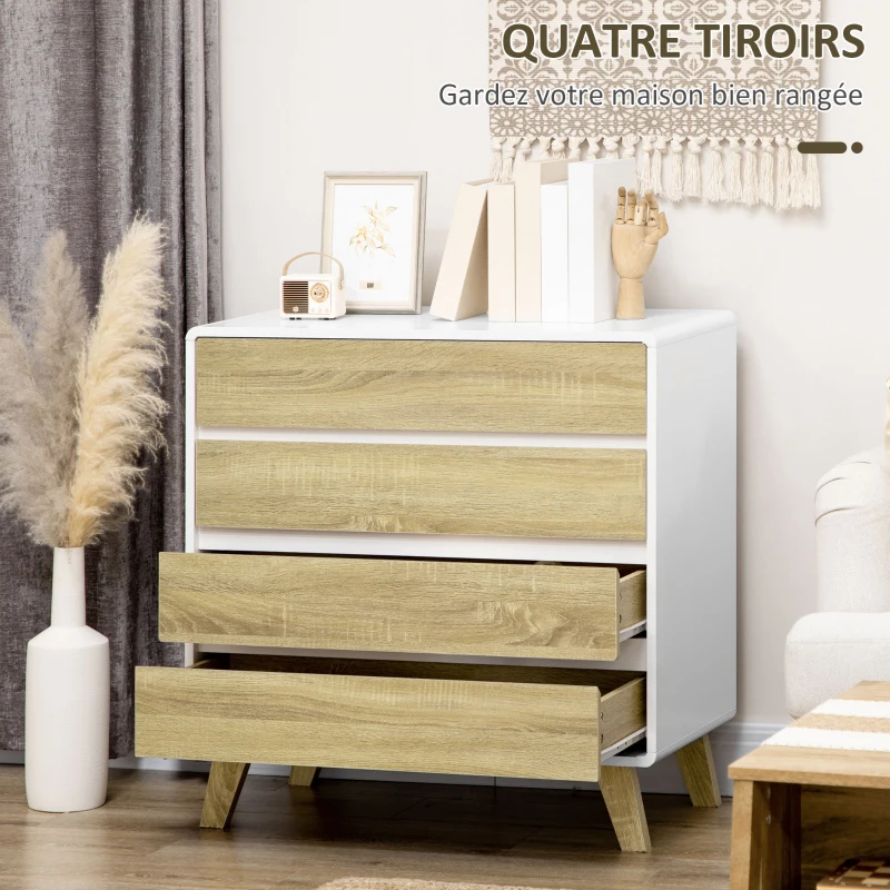 HOMCOM Commode 4 tiroirs design scandinave pour couloir chambre salon salle de bain 80 x 40 x 79,5 cm blanc et aspect bois