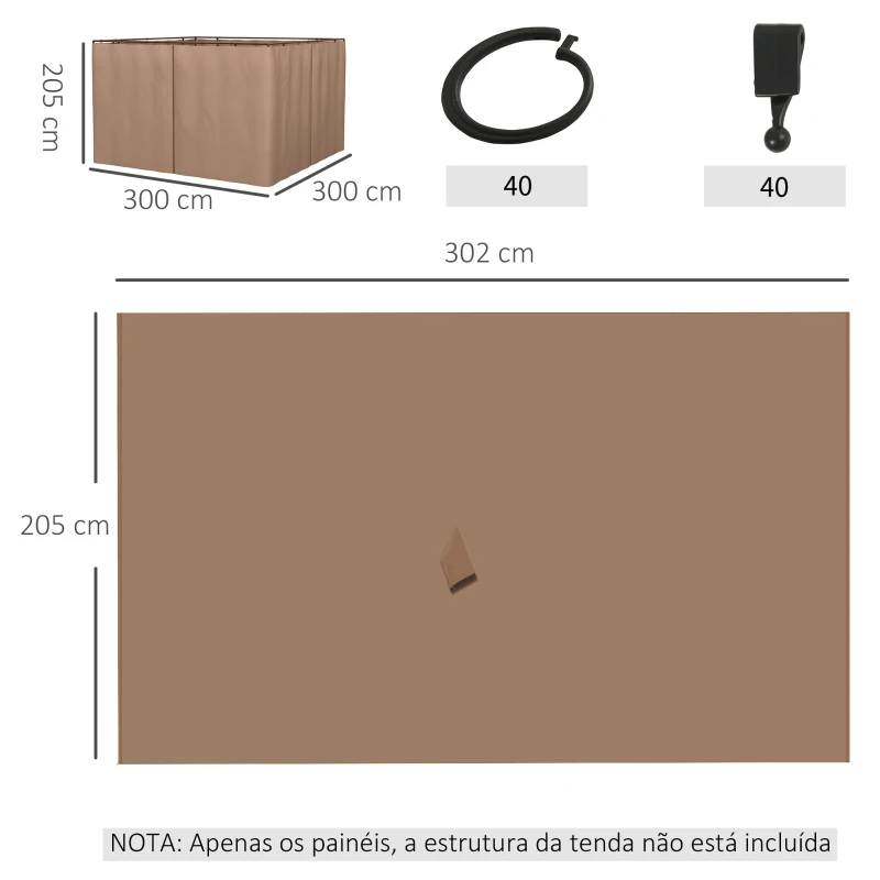 Outsunny 4 Paredes Laterais para Tenda 302x205 cm Laterais para Tenda Universal com Ganchos e Argola em C para Jardim Terraço Marrom