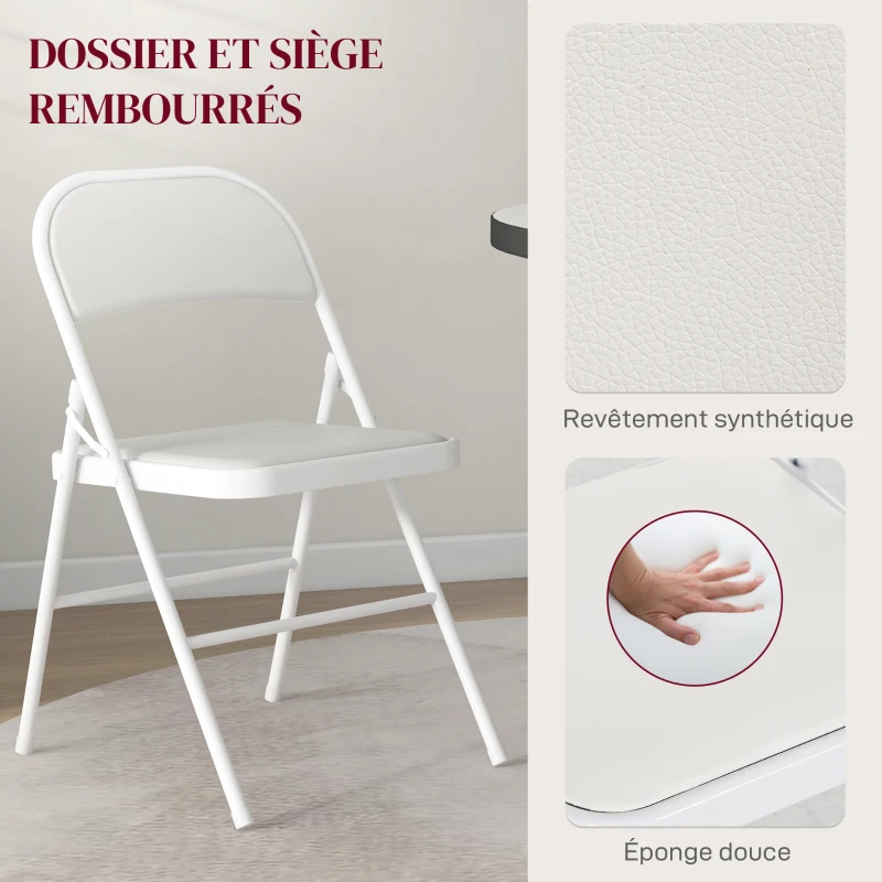 HOMCOM Lot de 4 chaises pliantes chaises de salle à manger portables cadre en acier dim. 45l x 46P x 78H cm blanc