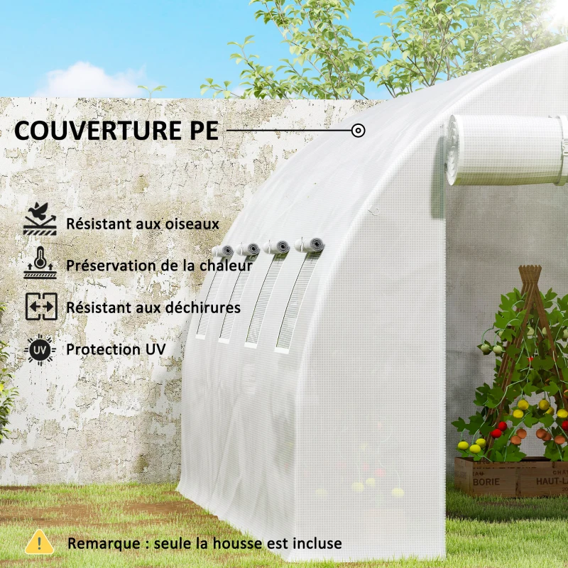 Outsunny Bâche de rechange serre tunnel 12 m² 4 x 3 x 2 m PE anti-UV imperméable 8 fenêtres + porte enroulable zippée blanc