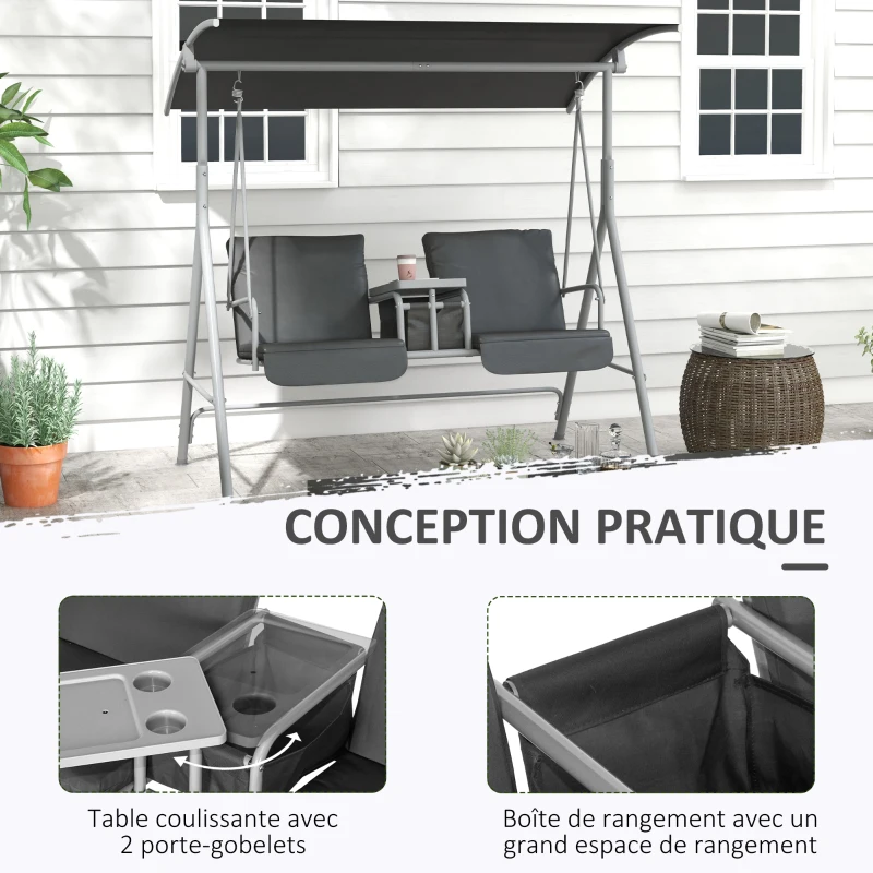 Outsunny Balancelle de jardin 2 places avec auvent inclinable tablette centrale 2 porte-gobelets 175L x 112l x 158H cm gris