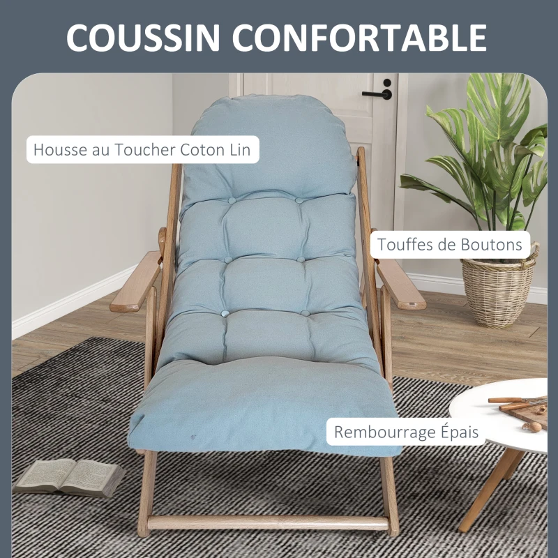 HOMCOM Fauteuil Chaise de Salon Pliable et inclinable en Bois Fauteuil Relax Confortable avec Coussin capitonné épais