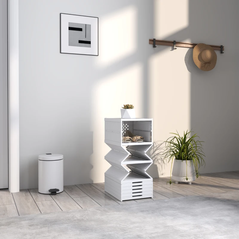 HOMCOM Regał na Buty 8-Poziomowy, Składany, z Wentylowanym Tyłem, Plastikowy, Biały