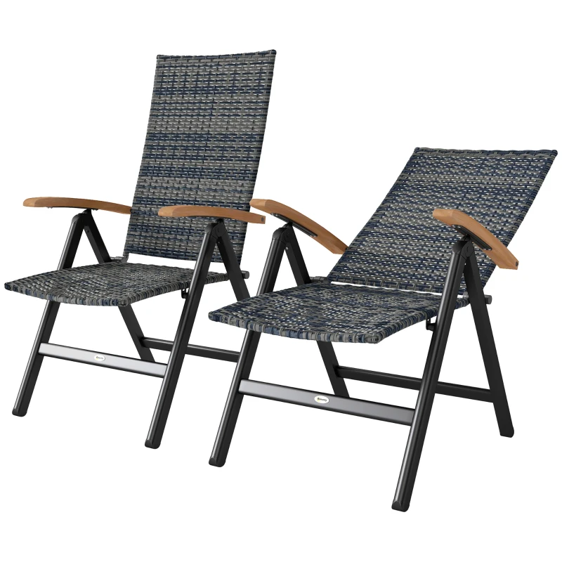 Outsunny 2 Pieces Folding Rattan Garden Dining Chairs with 5-level Reclining High Back, Wood Armrests for Outdoor - Mixed-grey