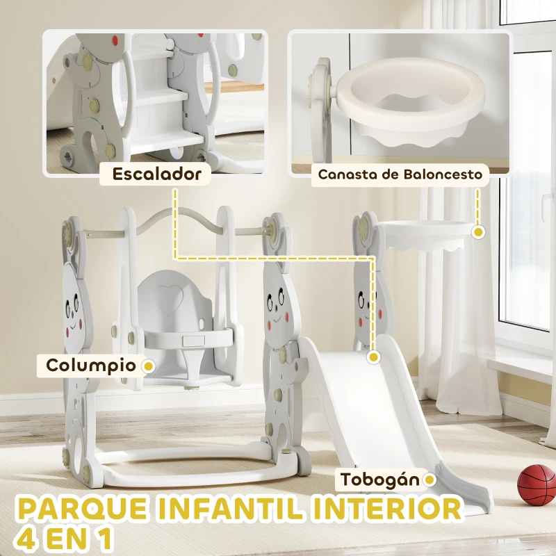 AIYAPLAY Tobogán Infantil con Columpio con Barandilla y Canasta 4 en 1 para Niños de +18 Meses 147,5x160x107 cm Gris