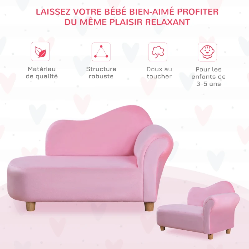HOMCOM Fauteuil canapé méridienne pour enfant effet velours - 80 x 40 x 49 cm rose
