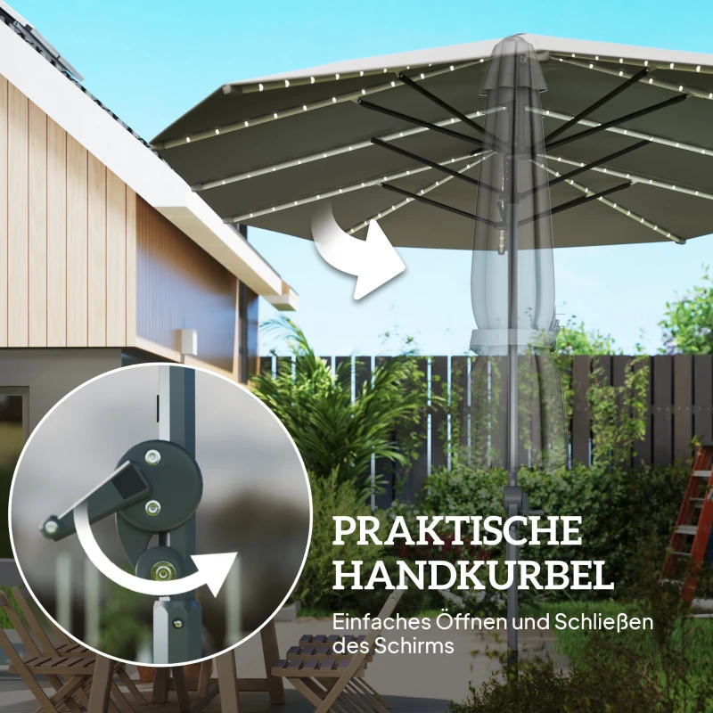 Outsunny Dubbele Parasol met Zonne-energie Verlichting, Aluminium, Polyester, UPF50+ Bescherming, UV-bestendig, Terras Parasol, Donkergrijs(m-7)