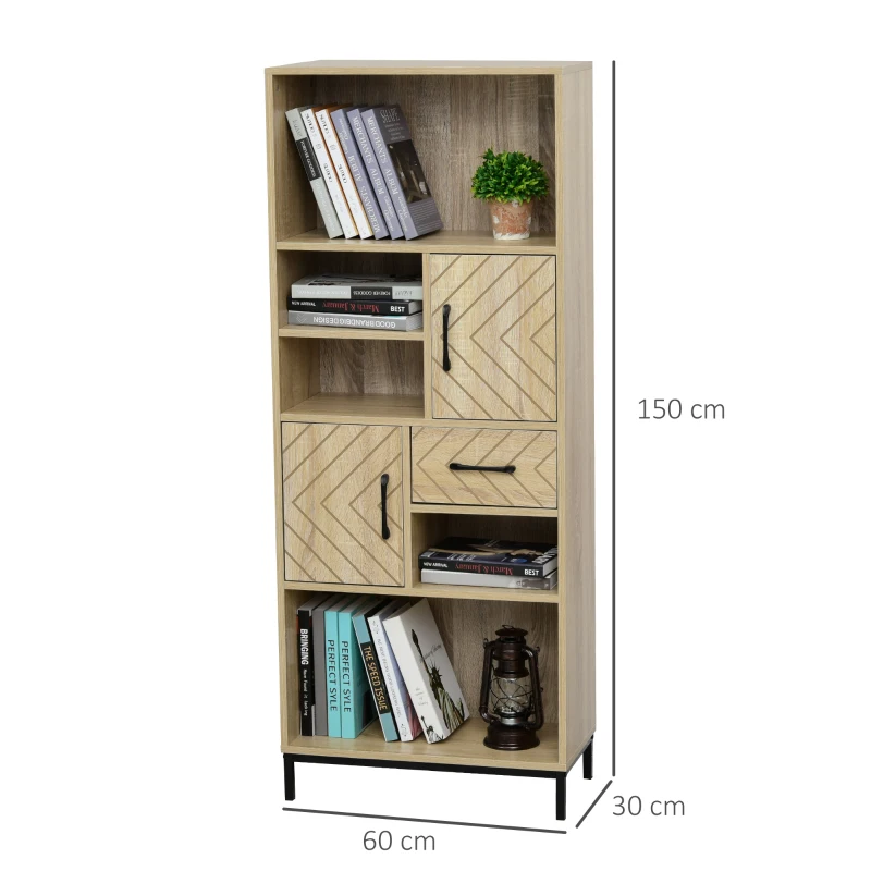HOMCOM Bücherregal Highboard 2 Regale 3 Fächer 2 Schränke + Schublade aus Holz in Hell Eiche Grafischem Muster Schwarzen Metallbeinen