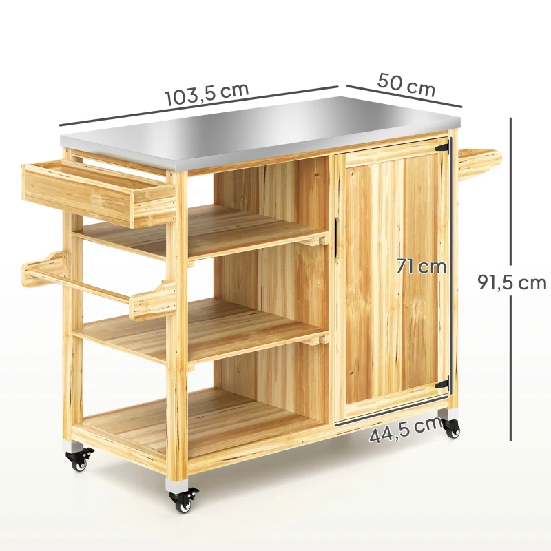 Outsunny Îlot de cuisine extérieur, Chariot de grill avec armoire et étagères, Chariot de cuisine en bois et acier inoxydable, avec roulettes, Bois naturel