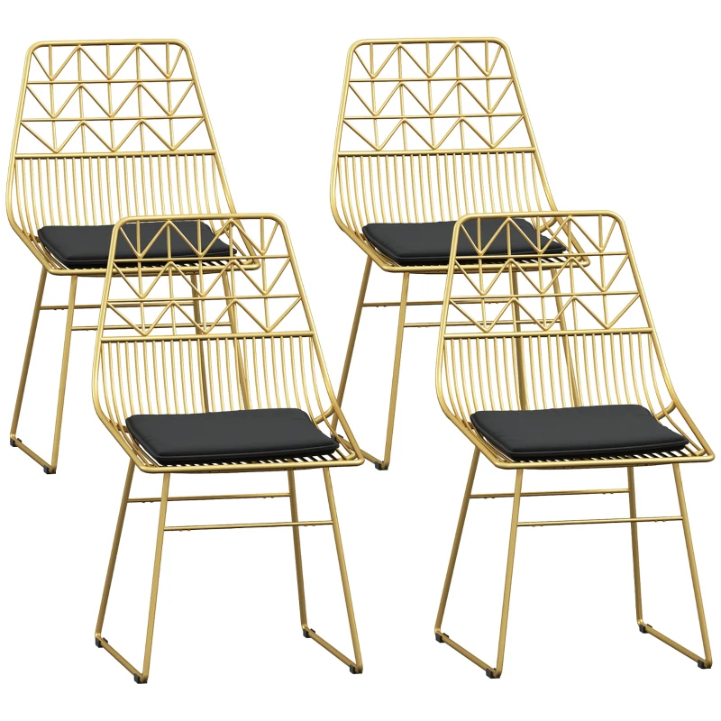 HOMCOM Luxurious Dining Chairs Set of 4, Metal Wire Kitchen Chair with Removable Velvet-feel Cushion, Cut-out Back and Steel Frame for Dining Room, Gold Tone