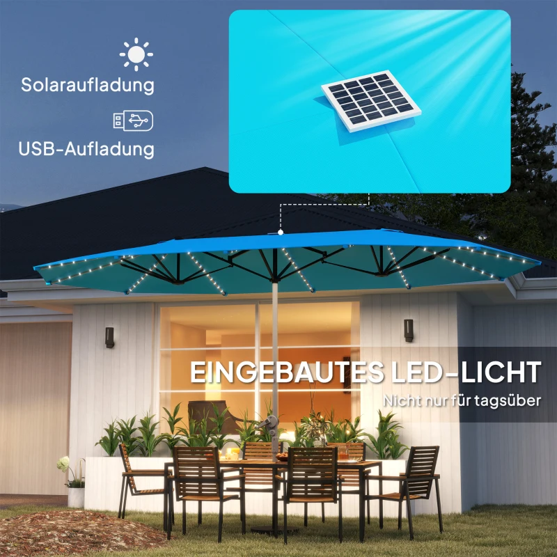 Outsunny Dubbele Parasol met Zonne-energie Verlichting, Aluminium, Polyester, UPF50+ Bescherming, UV-bestendig, Terrasparasol, Blauw(m-5)