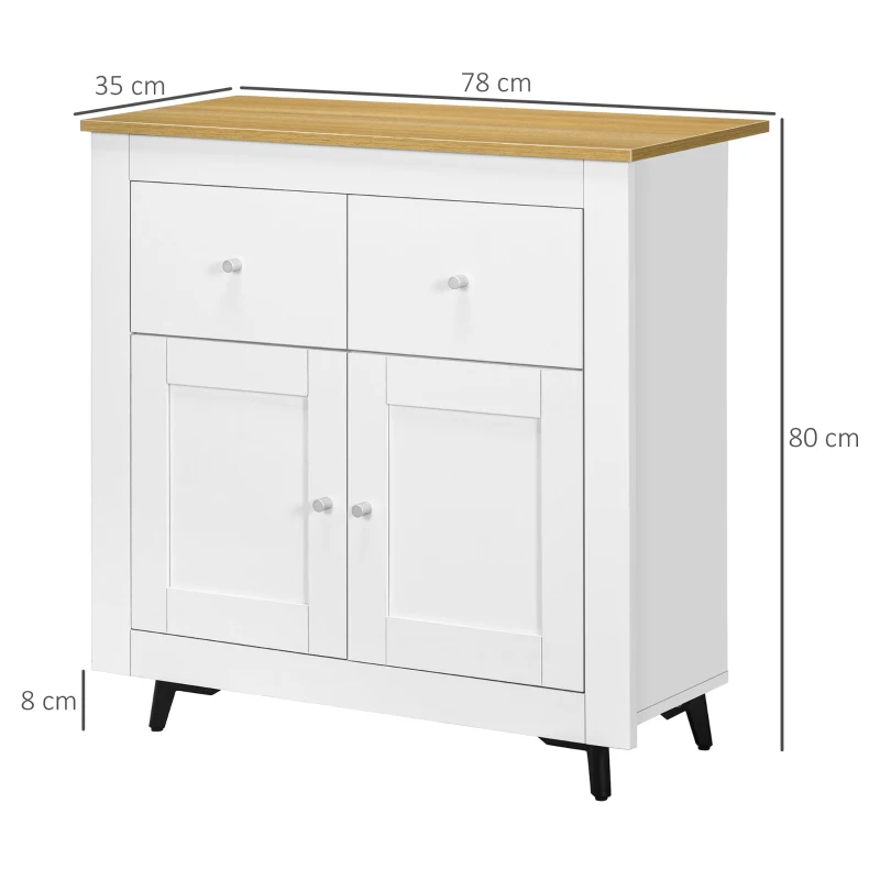 HOMCOM Aufbewahrungsschrank mit Schrank mit Türen und 2 Schubladen, für Wohnzimmer, Esszimmer, Maße 78 x 35 x 80 cm, Weiß