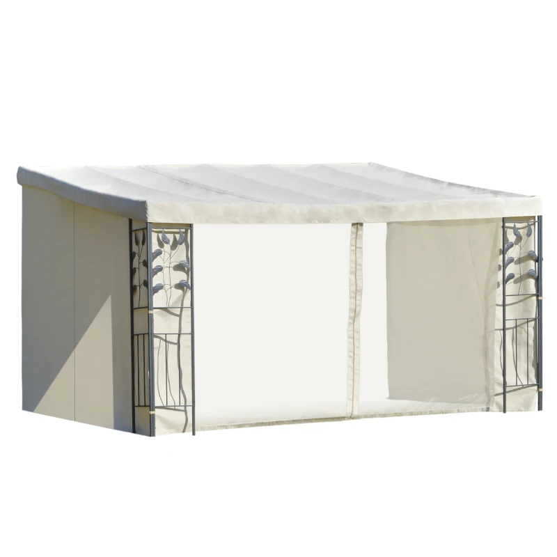 Outsunny Pergola anbaubar dim. 4L x 3B x 2,7H m Gartenpavillon Polyester hochdicht Moustiquaires Creme Metallstruktur Grau Epoxid