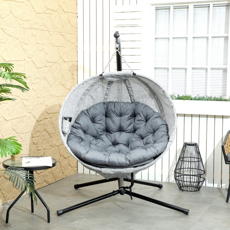 Outsunny Panier suspendu en forme d'œuf, fauteuil suspendu avec fonction de balancement et panier pliable, chaise de jardin, porte-gobelet, gris