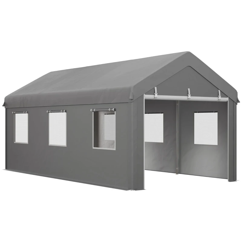 Outsunny Tente Garage Carport 6L x 2,95B x 2,78H m aus feuerverzinktem Stahl, PE-Abdeckung 160 g/m², 2 abnehmbare einrollbare Türen und 6 Fenster