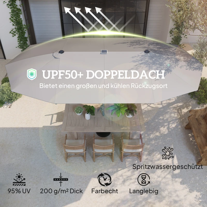 Outsunny Dubbele Parasol met Zonne-energie Verlichting, Aluminium, Polyester, UPF50+ Bescherming, UV-bestendig, Terras Parasol, Donkergrijs(m-4)