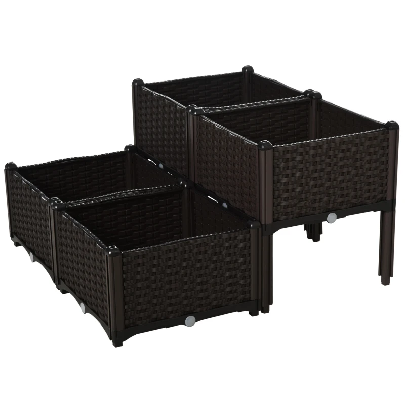 Outsunny Hochbeet, Pflanzkasten mit Abflusslöchern, Blumenkasten im Rattan-Look, Kunststoff, Braun, 40 x 40 x 44 cm