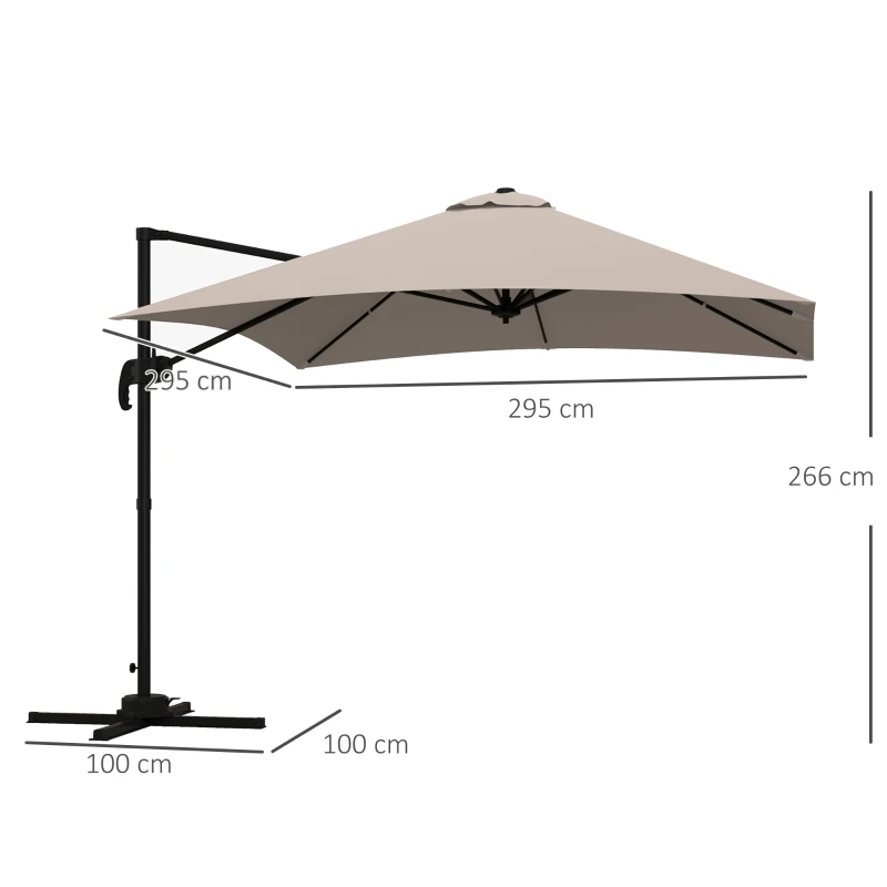 Outsunny Cantilever-Sonnenschirm quadratisch neigbar drehbar 360° Kurbel Kreuzfuß - Aluminium Abmessungen 3L x 3B x 2,6H m beige