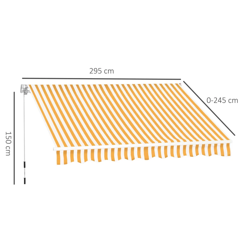 Outsunny Manueller ausziehbarer Markisenstore 295 x 245 cm für Terrasse mit Kurbel, einstellbarer Winkel 45°-85°, aus Aluminium und Polyester 280 g/m², Terrassenmarkise, Balkon, Hof, orange