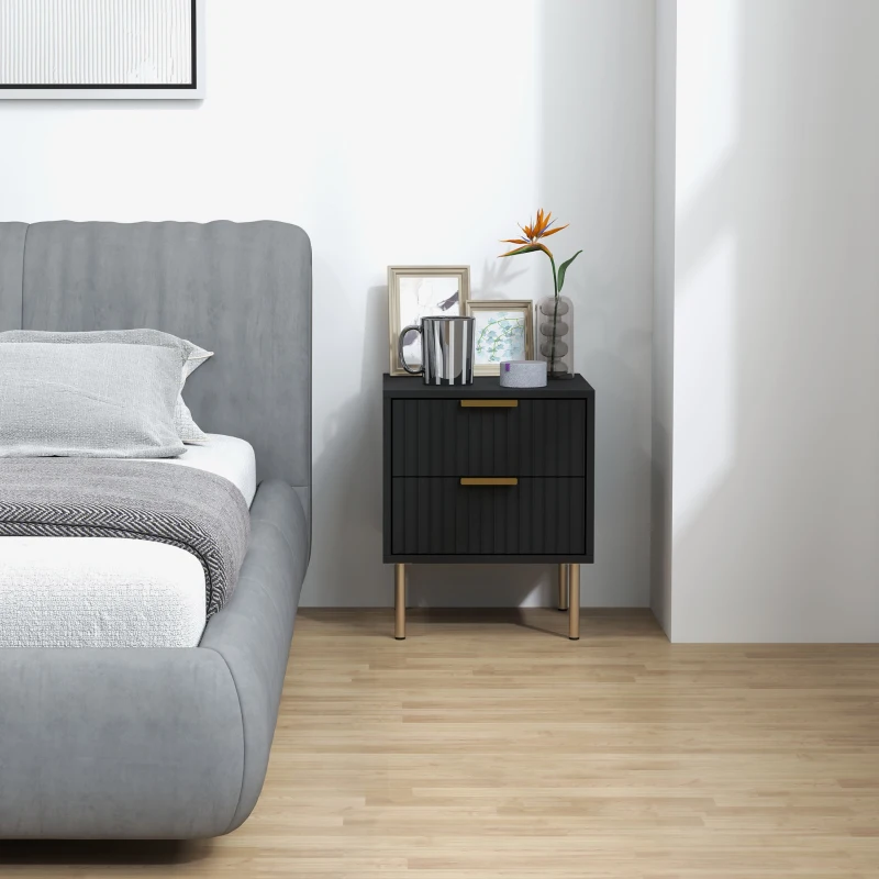 HOMCOM Nachttisch, gerillter Beistelltisch mit 2 Schubladen und Stahlbeinen, für Schlafzimmer, Wohnzimmer, schwarz
