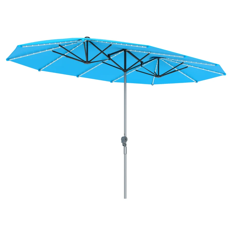 Outsunny Dubbele Parasol met Zonne-energie Verlichting, Aluminium, Polyester, UPF50+ Bescherming, UV-bestendig, Terrasparasol, Blauw(m-10)