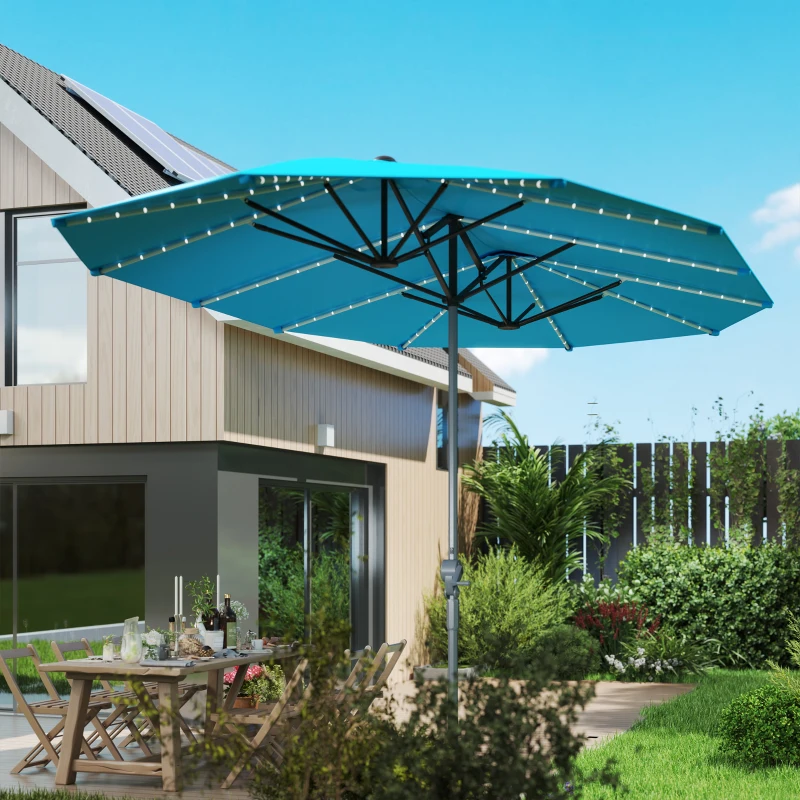 Outsunny Dubbele Parasol met Zonne-energie Verlichting, Aluminium, Polyester, UPF50+ Bescherming, UV-bestendig, Terrasparasol, Blauw(m-8)