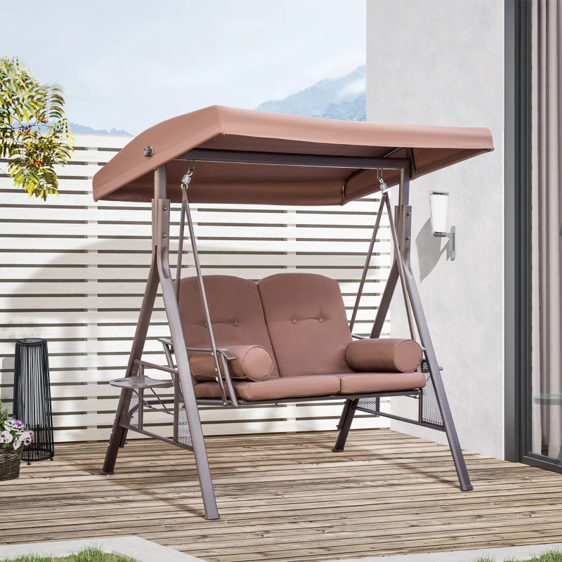 Outsunny Gartenliege für 2 Personen mit verstellbarem Sonnendach und Kissen aus Polyester-Spinnstoff Braun