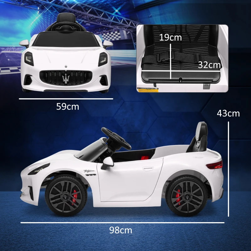 AIYAPLAY Elektrisches Kinderfahrzeug mit Maserati Gran Turismo Folgore Lizenz, 12V mit Fernbedienung, 3-5 Jahre, weiß