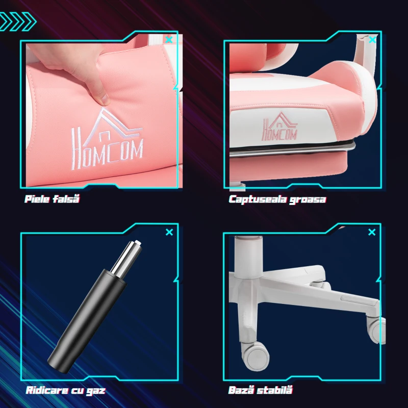 HOMCOM Scaun Gaming Ergonomic Roz cu Urechi Pisica
