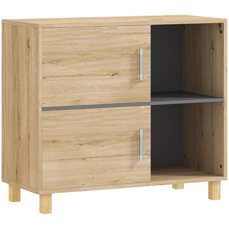 HOMCOM Badezimmerschrank, Aufbewahrungsmöbel mit offenen Fächern und Schrank, Maße 80 x 35 x 70 cm, natürliche Holzoptik