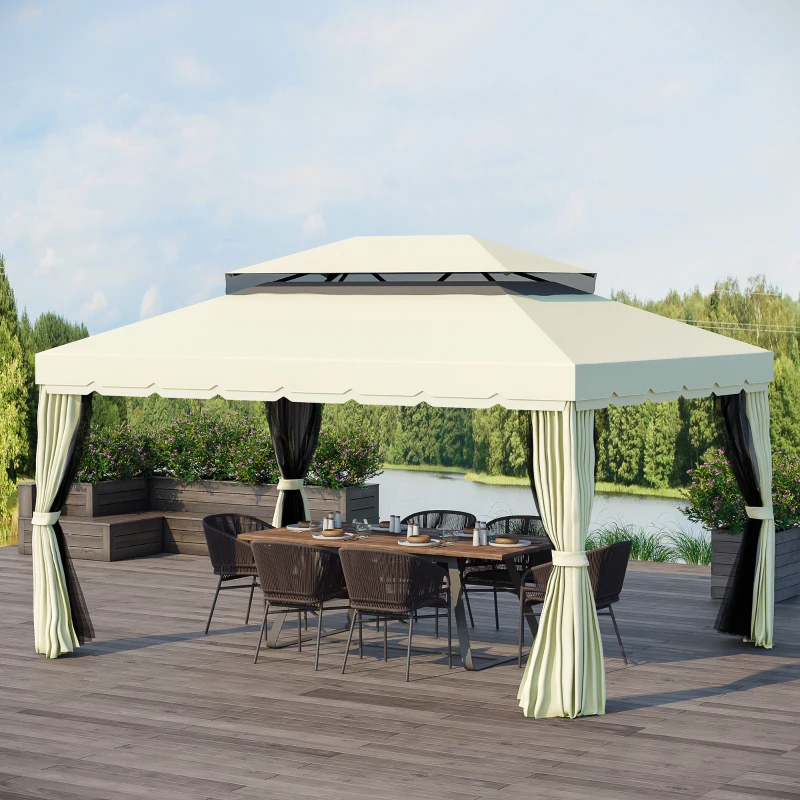 Outsunny Gartenpavillon Pavillon Barnum mit Doppel-Dach, Seitenwänden und abnehmbaren Moskitonetzen 4 x 3 m creme