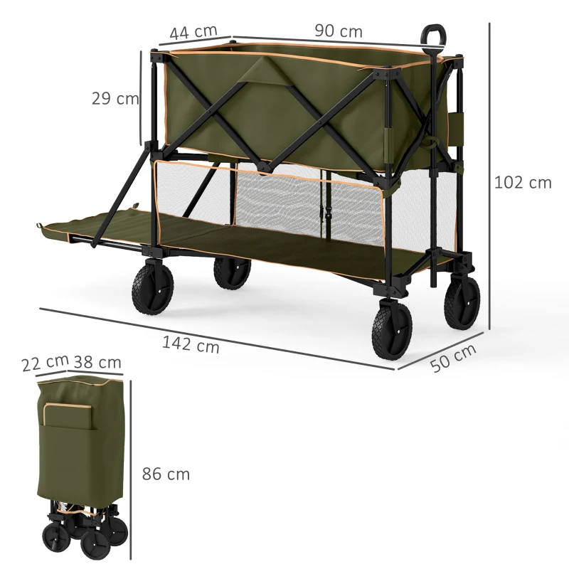 Outsunny Double Decker Folding Festival Trolley on Wheels, 200KG & 350L Capacity Collapsible Wagon Festival Trolley Cart with 134cm Extended for Camping Sports Shopping Garden and Beach, Grey