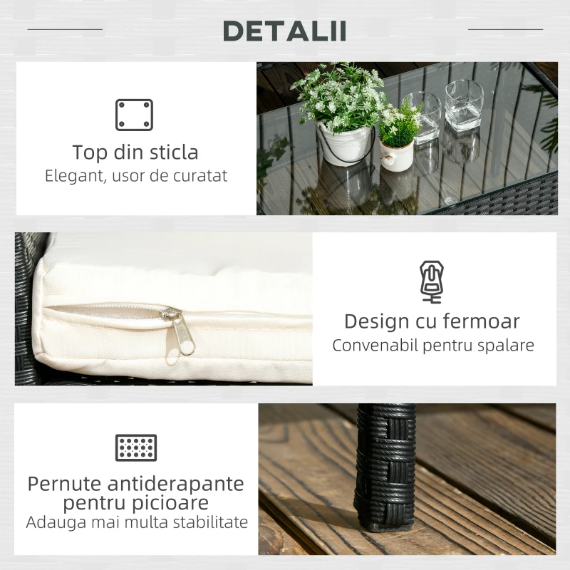 Outsunny Set de Gradina 4 Piese din Ratan cu 2 Scaune, Fotoliu de Gradina cu 2 Locuri si Masuta Joasa de Cafea, Negru si Crem