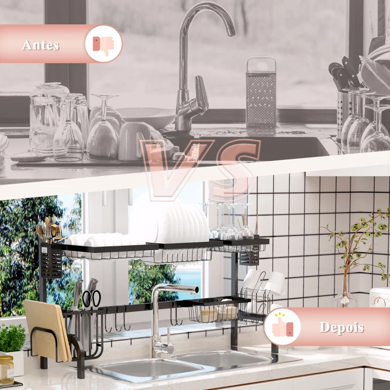 HOMCOM Escorredor de Louça de Aço de 2 Níveis com Prateleira para Pratos Suporte para Facas e Talheres 100x30x52,5cm Preto