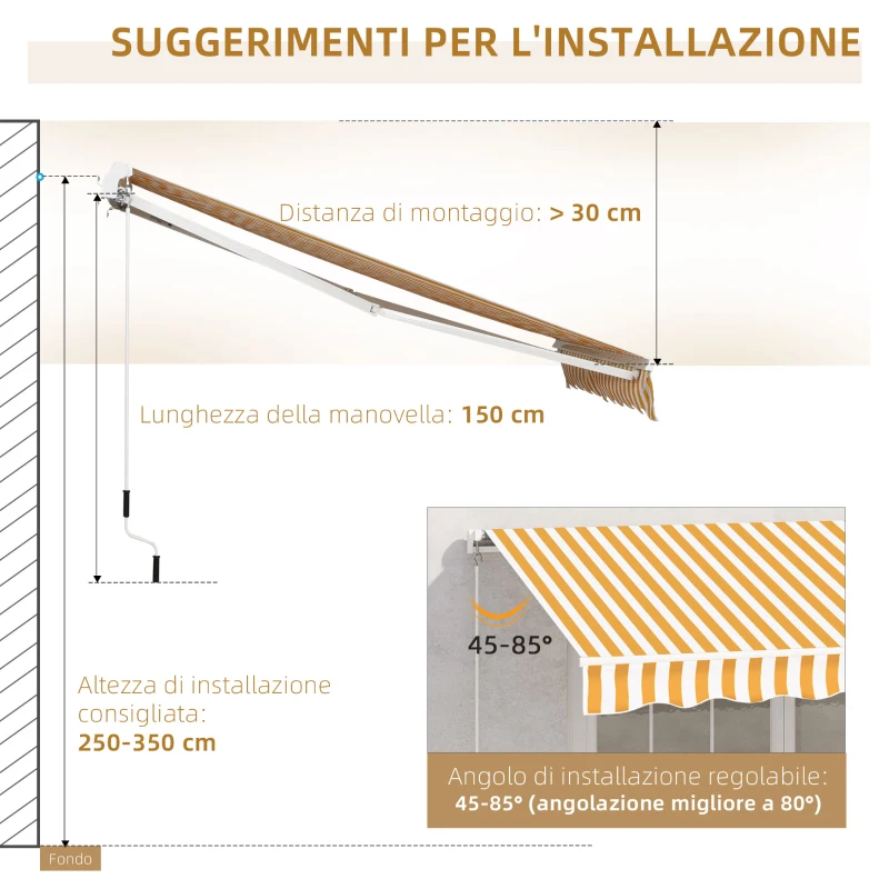 Outsunny Manueller ausziehbarer Markisenstore 295 x 245 cm für Terrasse mit Kurbel, einstellbarer Winkel 45°-85°, aus Aluminium und Polyester 280 g/m², Terrassenmarkise, Balkon, Hof, orange