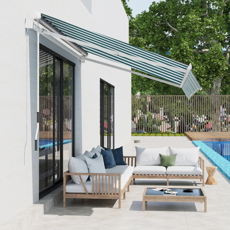 Outsunny Store Banne, Protection Solaire, Rétractable, avec Manivelle, Cadre Métallique, Polyester, Blanc + Vert, 3,95 x 2,45 m