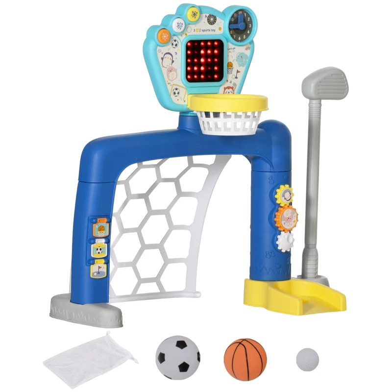 AIYAPLAY Fußballtor für Kinder, 3-in-1 Multi-Activity Center mit verstellbarem Basketballkorb, Scoreboard, Golfset