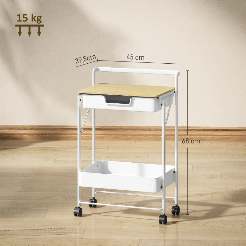 HOMCOM Carrito Auxiliar con Ruedas de 2 Niveles con Cajón Encimera y Cesta de Rejilla para Dormitorio Baño Cocina Blanco
