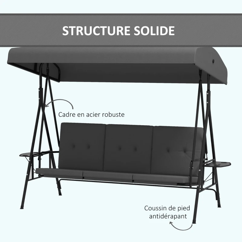 Outsunny Garten-Liegeschaukel für 3 Personen mit verstellbarem Sonnendach, 2 klappbaren Seitentabletts, Kissen, aus Stahl und Polyester
