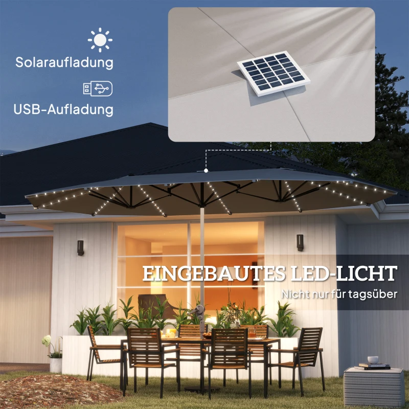 Outsunny Dubbele Parasol met Zonne-energie Verlichting, Aluminium, Polyester, UPF50+ Bescherming, UV-bestendig, Terras Parasol, Donkergrijs(m-5)