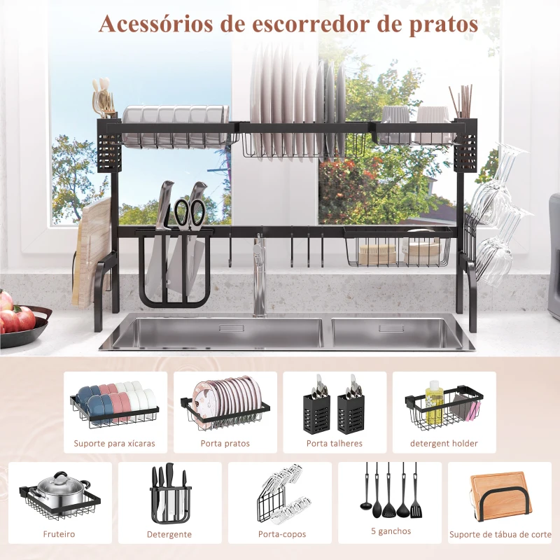 HOMCOM Escorredor de Louça de Aço de 2 Níveis com Prateleira para Pratos Suporte para Facas e Talheres 100x30x52,5cm Preto