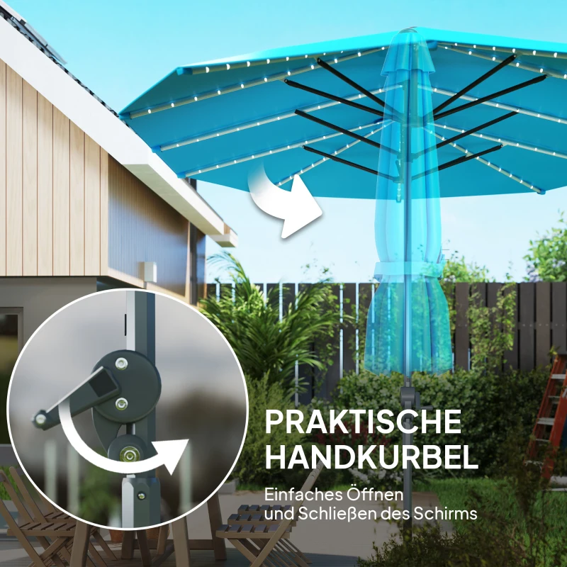 Outsunny Dubbele Parasol met Zonne-energie Verlichting, Aluminium, Polyester, UPF50+ Bescherming, UV-bestendig, Terrasparasol, Blauw(m-7)