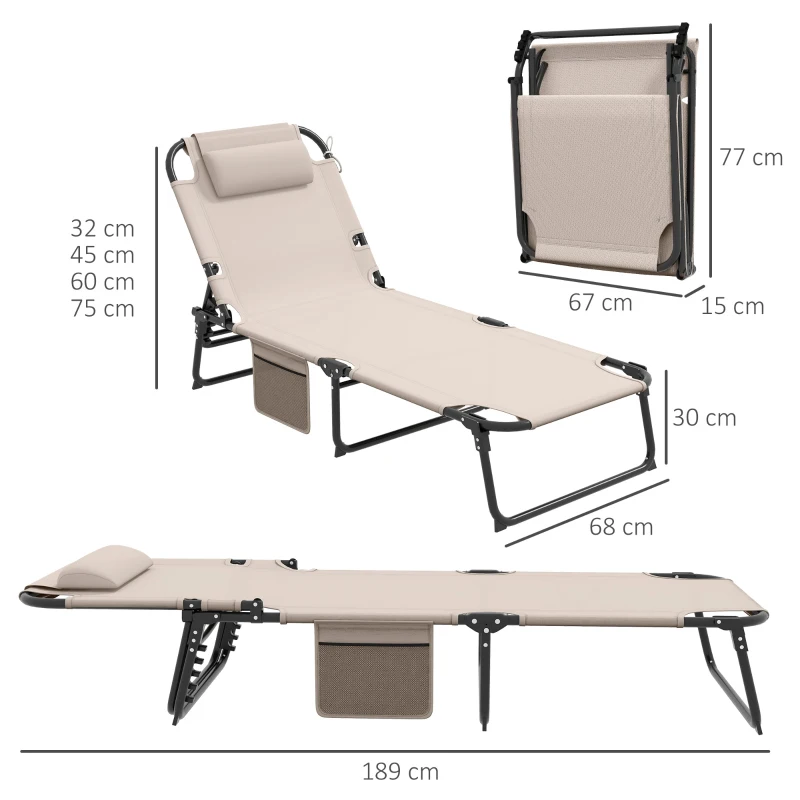 Outsunny Składany Leżak z 4-stopniową Regulacją Oparcia, Poduszką, Boczną Kieszenią, Zagłówkiem, 68 x 189 x 30 cm, Beżowy