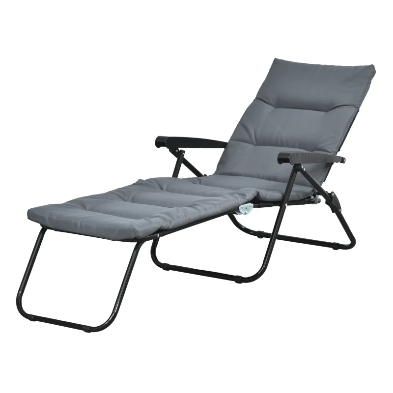 Outsunny Klappbare Sonnenliege mit 6-fach verstellbarer Rückenlehne, hoher Komfort mit Matratze + Armlehnen aus Stahl und Polyester in Grau