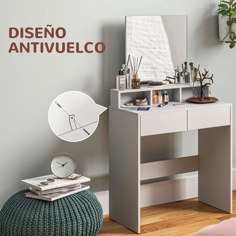 HOMCOM Mesa de Maquillaje con Espejo 2 Cajones 3 Compartimentos Tocador para Dormitorio 75x38x135 cm Blanco