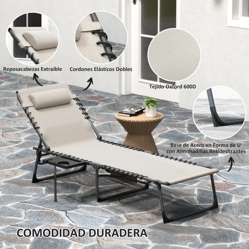 Outsunny Tumbona Plegable con Respaldo Ajustable Reposacabezas Bolsillo Lateral Bandeja y Estructura de Acero 190x60x31 cm Crema