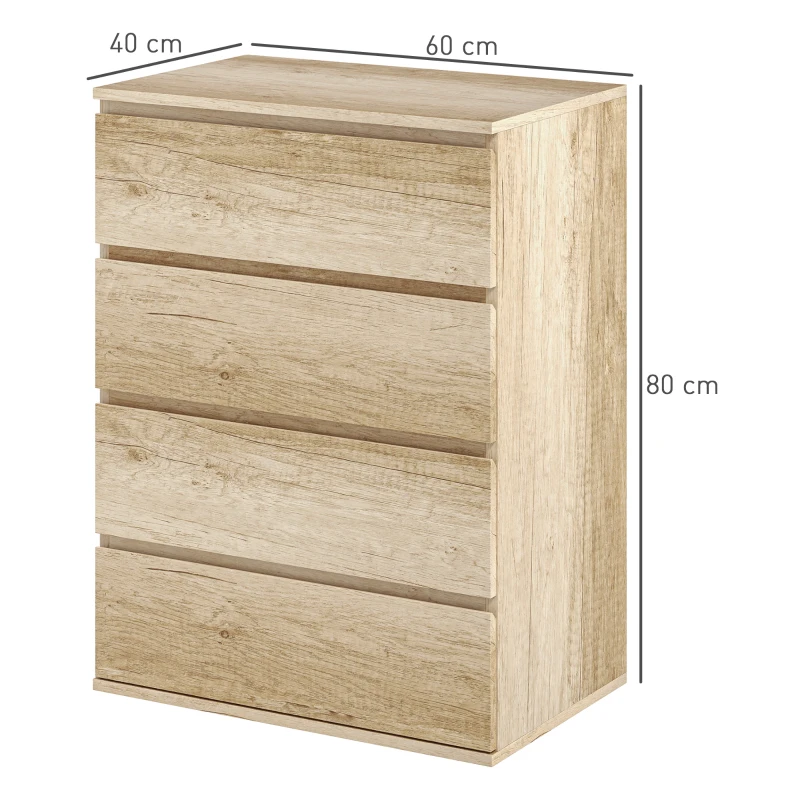 HOMCOM Kommode 4 Schubladen Aufbewahrungsmöbel griffloses minimalistisches Design 60 x 40 x 80 cm Natur