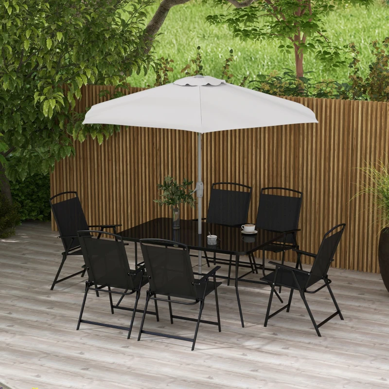 Outsunny Gartenmöbel-Set 8-teilig mit großem Sonnenschirm, Tisch und klappbaren Stühlen aus epoxybeschichtetem Stahl, Textilene, Polyester Schwarz